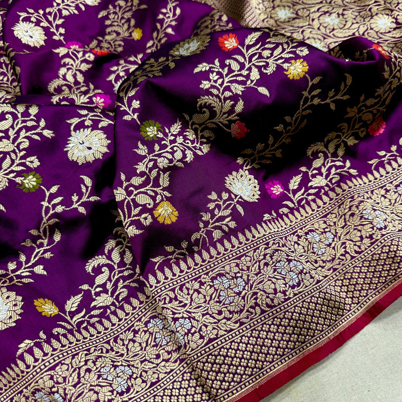 Purple colour pure katan silk handwoven banarasi jungla saree