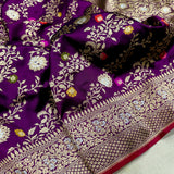 Purple colour pure katan silk handwoven banarasi jungla saree