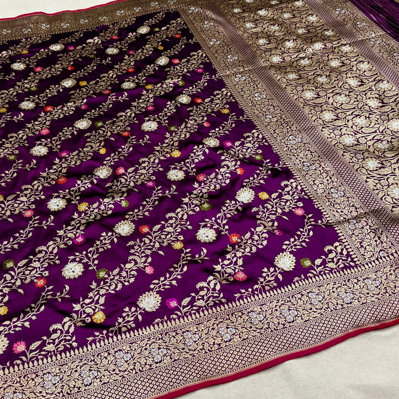 Purple colour pure katan silk handwoven banarasi jungla saree