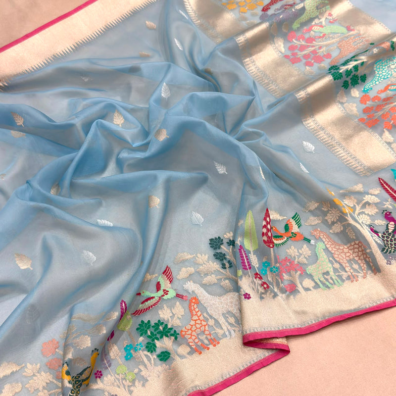Sky blue colour pure kora handwoven banarasi saree