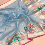 Sky blue colour pure kora handwoven banarasi saree