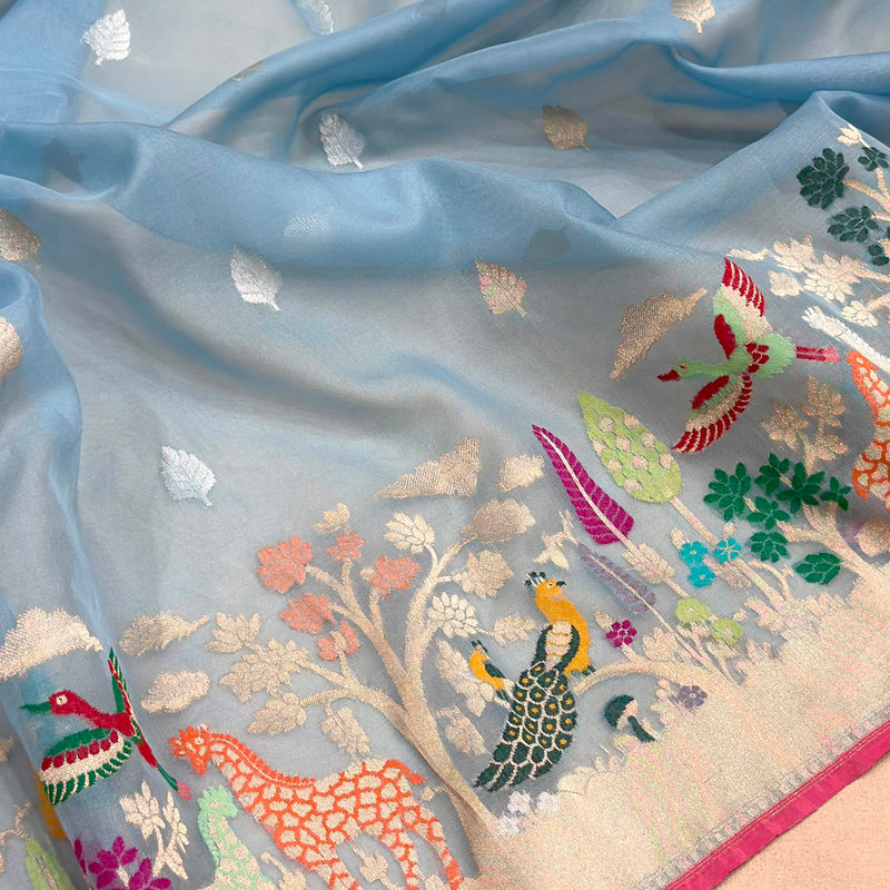 Sky blue colour pure kora handwoven banarasi saree