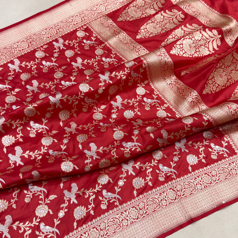 Red colour pure katan silk handwoven Banarasi saree