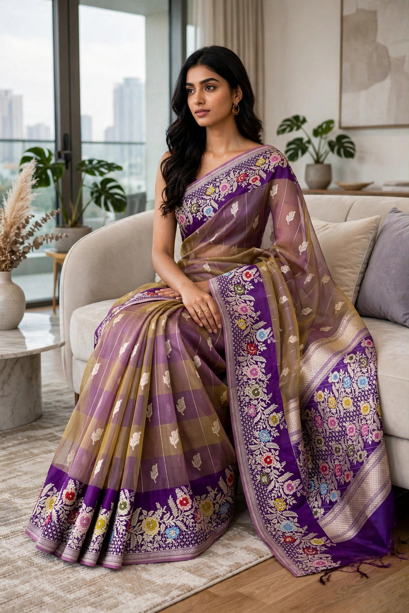 Multicolor pure kora handwoven Banarasi saree l
