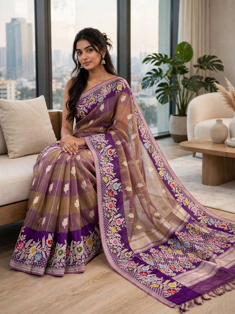 Multicolor pure kora handwoven Banarasi saree l