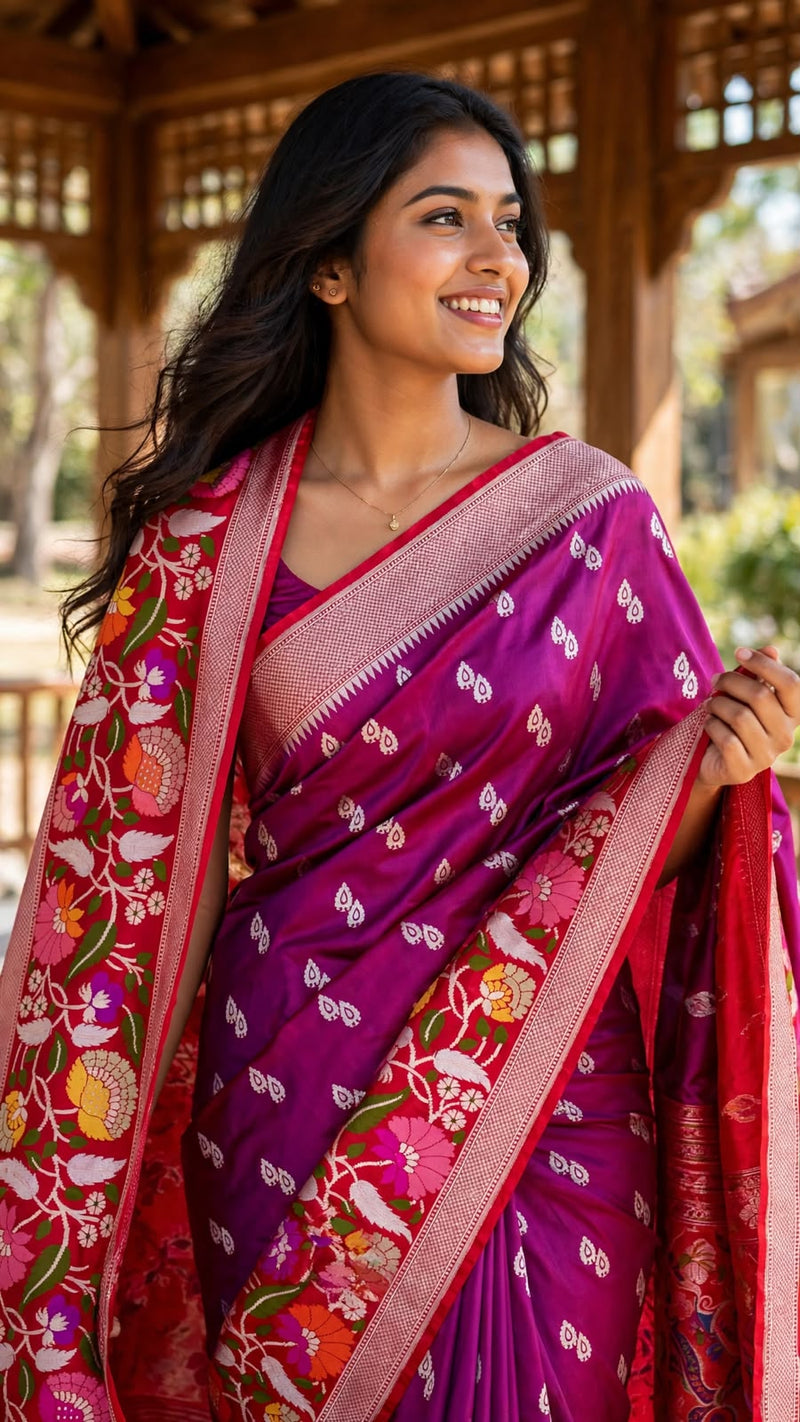 Dual shade pure katan silk handwoven Banarasi saree
