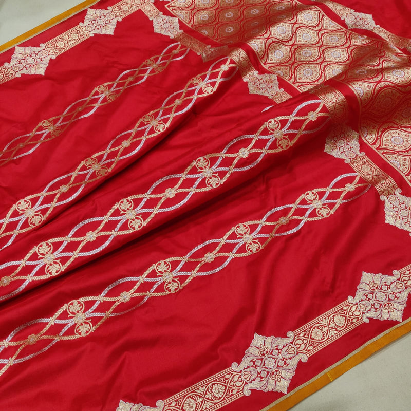 Red colour pure katan silk handwoven banarasi saree