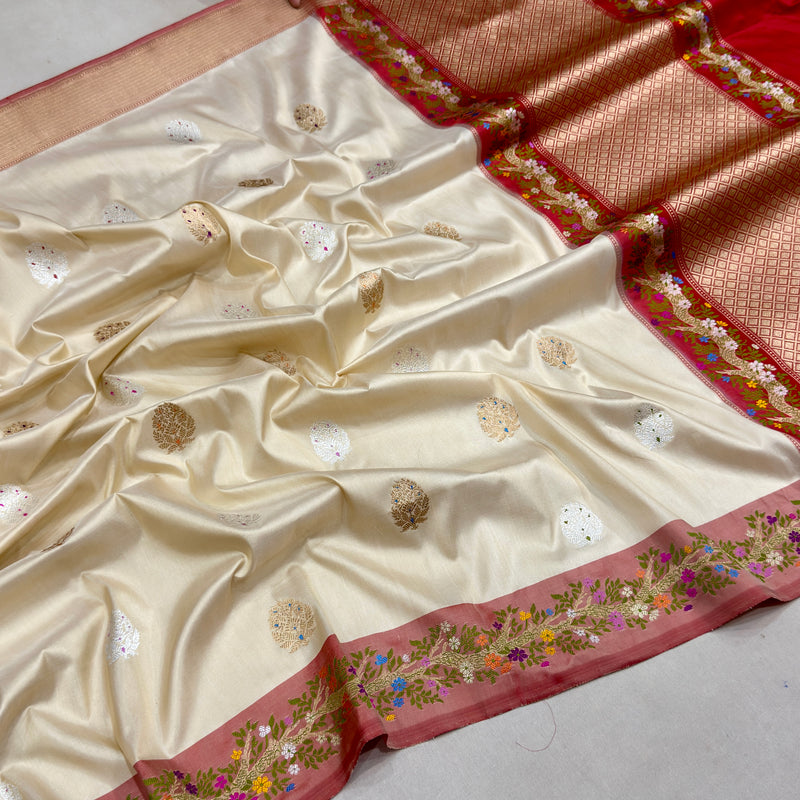Off white colour pure katan silk handwoven Banarasi saree