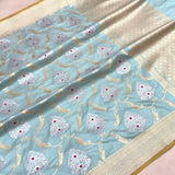 Sky blue colour pure katan silk handwoven Banarasi saree
