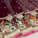 Brown colour pure kora handwoven banarasi saree