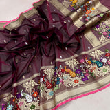 Brown colour pure kora handwoven banarasi saree