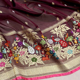 Brown colour pure kora handwoven banarasi saree