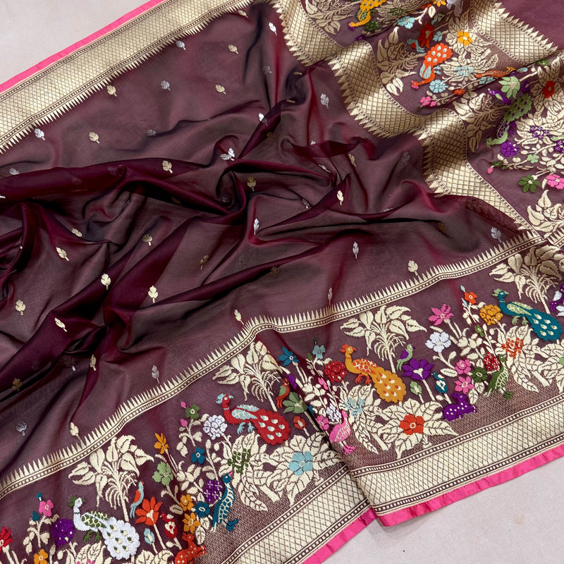 Brown colour pure kora handwoven banarasi saree