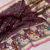 Brown colour pure kora handwoven banarasi saree