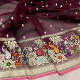 Brown colour pure kora handwoven banarasi saree