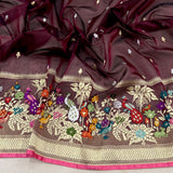 Brown colour pure kora handwoven banarasi saree