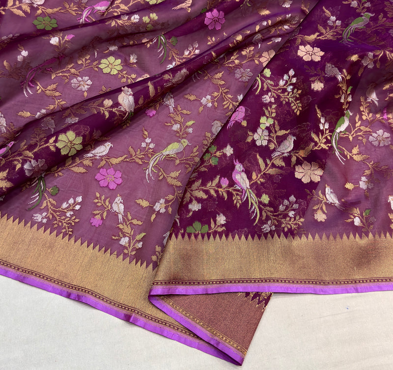 Deep magenta colour pure kora jamdani handwoven Banarasi saree