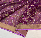 Deep magenta colour pure kora jamdani handwoven Banarasi saree