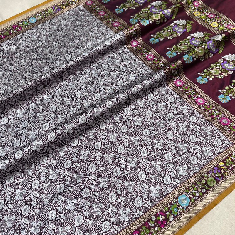 Brown colour pure katan silk handwoven Banarasi saree