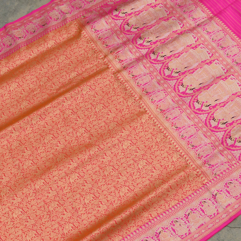 Peach colour pure katan silk handwoven Banarasi saree