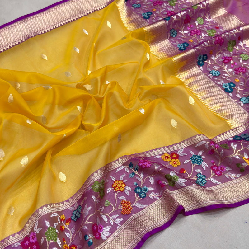Yellow colour pure kora handwoven Banarasi saree