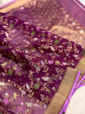 Deep magenta colour pure kora jamdani handwoven Banarasi saree