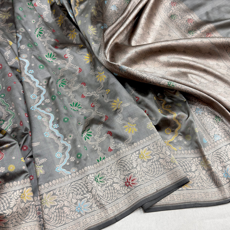 Grey colour pure katan silk handwoven Banarasi saree