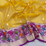Yellow colour pure kora handwoven Banarasi saree