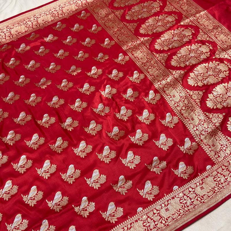 Red colour pure katan silk handwoven Banarasi saree