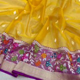 Yellow colour pure kora handwoven Banarasi saree