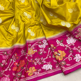 Mustard yellow colour pure katan silk handwoven Banarasi saree