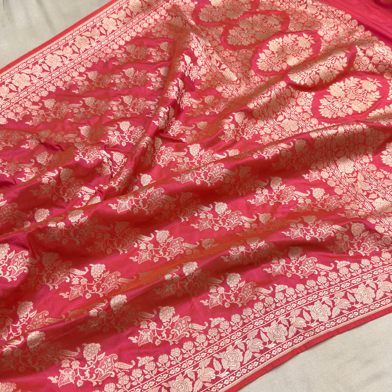 Peach colour pure katan silk handwoven Banarasi saree