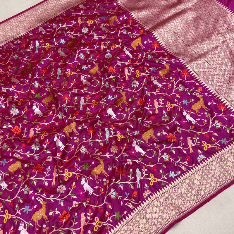 Magenta colour pure katan silk handwoven Banarasi saree