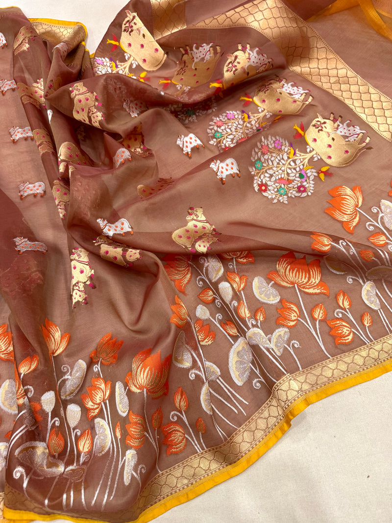 Pure kora jamdani handwoven Banarasi saree