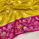 Mustard yellow colour pure katan silk handwoven Banarasi saree