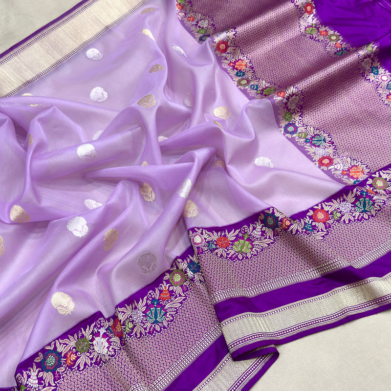 Lavender colour pure kora handwoven Banarasi saree
