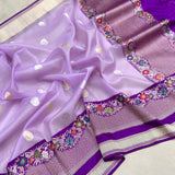 Lavender colour pure kora handwoven Banarasi saree