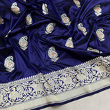 Nevi blue colour pure katan silk handwoven Banarasi saree