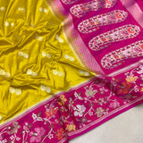 Mustard yellow colour pure katan silk handwoven Banarasi saree