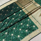 Bottle green colour pure katan silk handwoven Banarasi saree