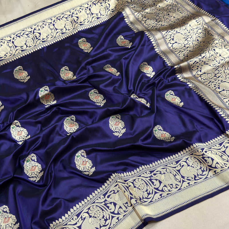 Nevi blue colour pure katan silk handwoven Banarasi saree