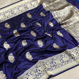 Nevi blue colour pure katan silk handwoven Banarasi saree