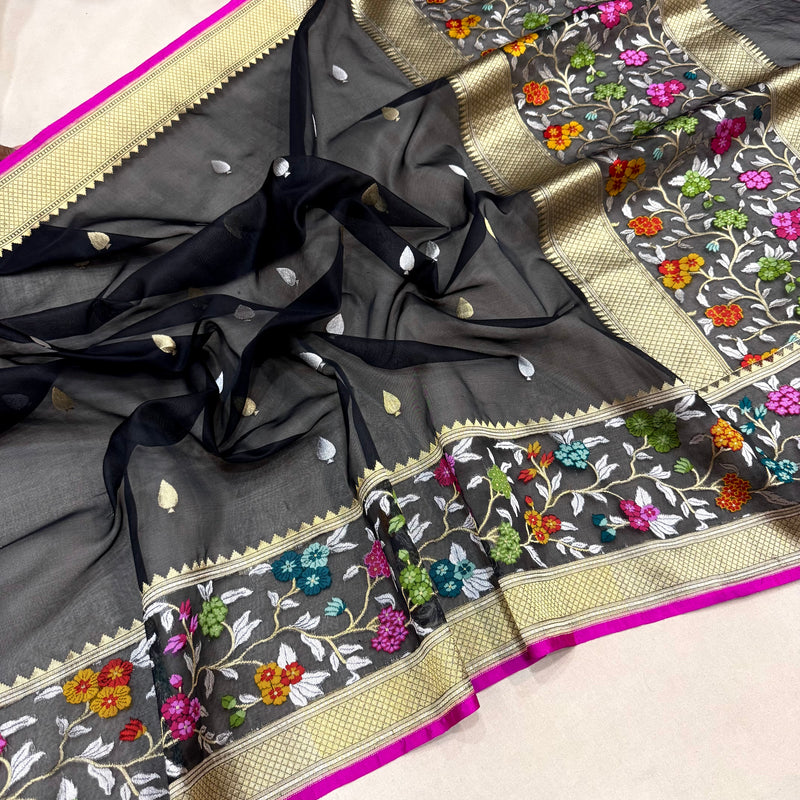 Black colour pure kora handwoven Banarasi saree