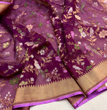 Deep magenta colour pure kora jamdani handwoven Banarasi saree