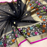Black colour pure kora handwoven Banarasi saree