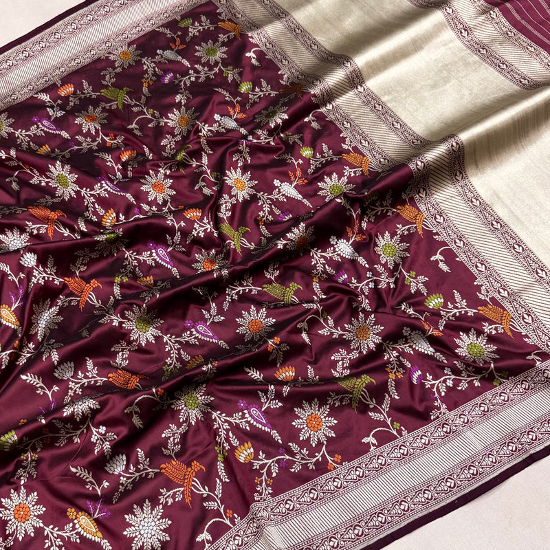 Brown colour pure katan silk handwoven Banarasi saree