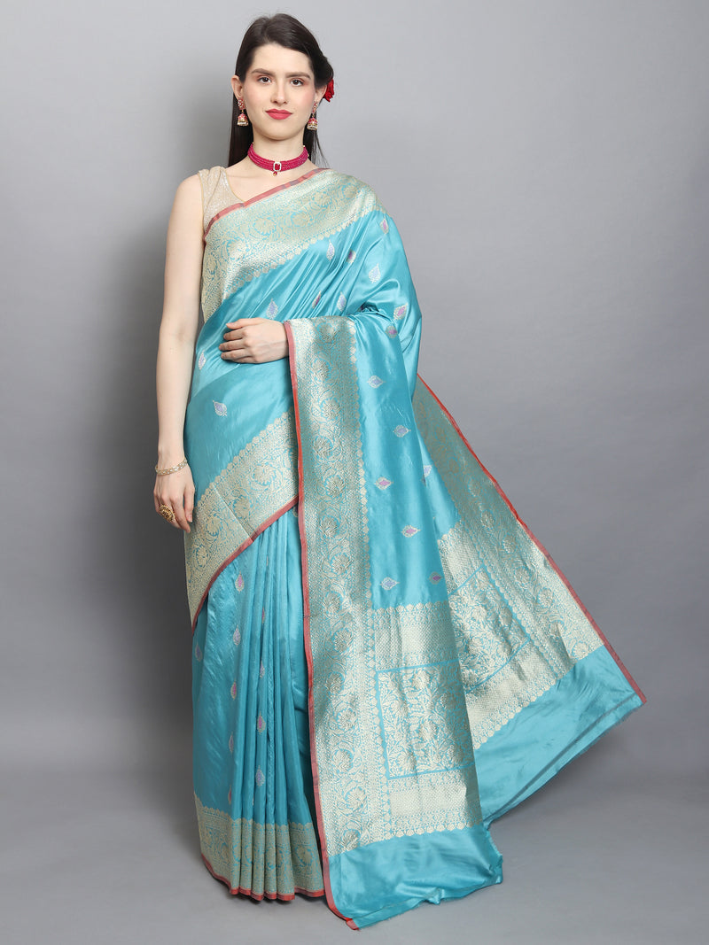 Sky Blue Katan Silk Handwoven Banarasi Saree