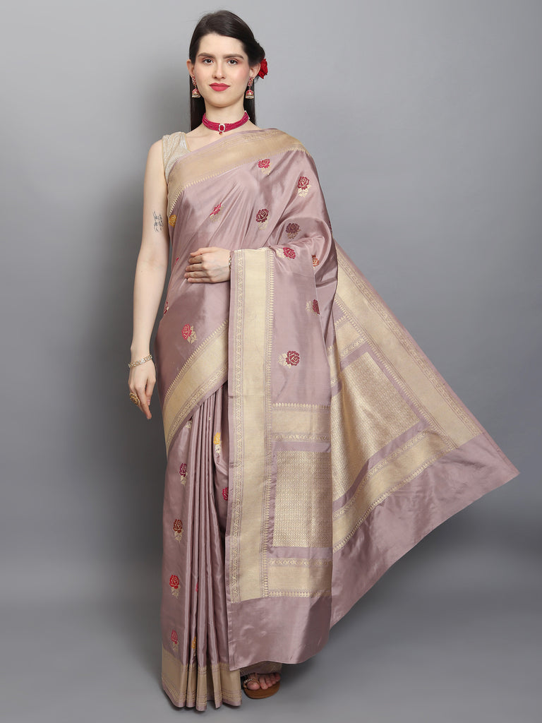 Rose Gold Pure Katan Silk Handwoven Banarasi Saree
