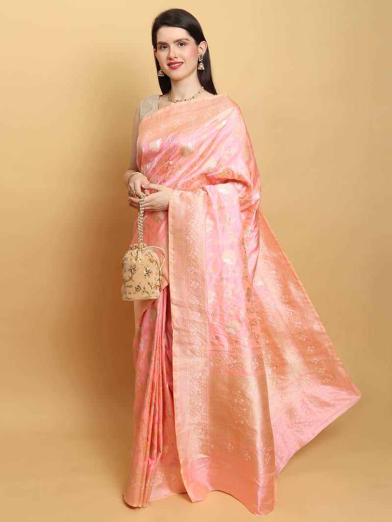 Pastel Pink Katan Silk Handwoven Banarasi Jungla Saree