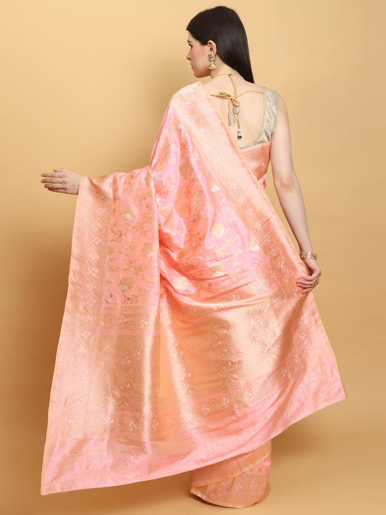 Pastel Pink Katan Silk Handwoven Banarasi Jungla Saree